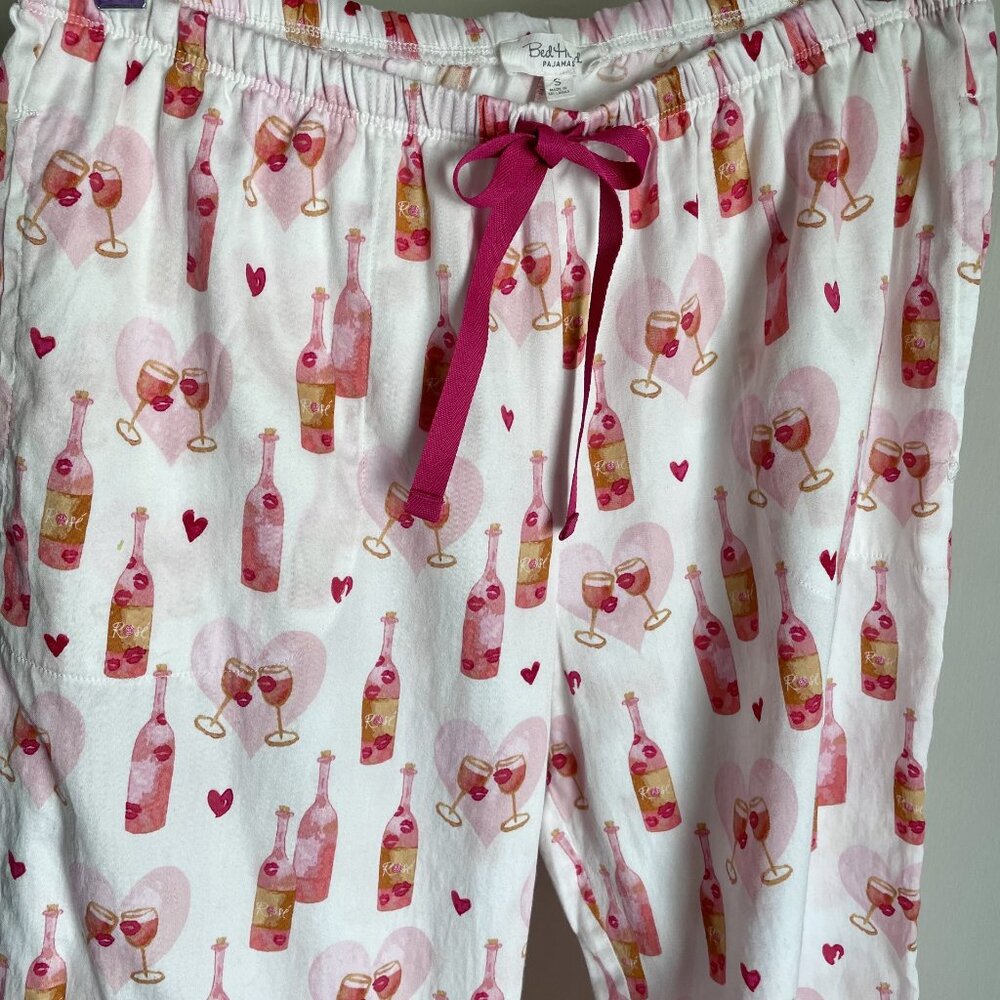 BedHead Cotton Heart Print Pajama Sleep Pants Size S White Pink Valentine's Day